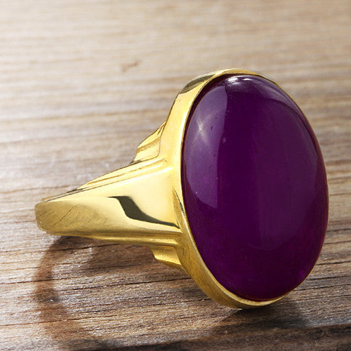 Mens 14k Gold Ring with Natural Purple Agate Stone