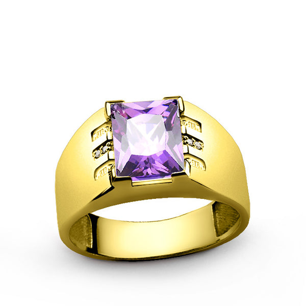 Purple Amethyst Gemstone and 4 Diamonds in 14k Yellow Gold Men's Ring