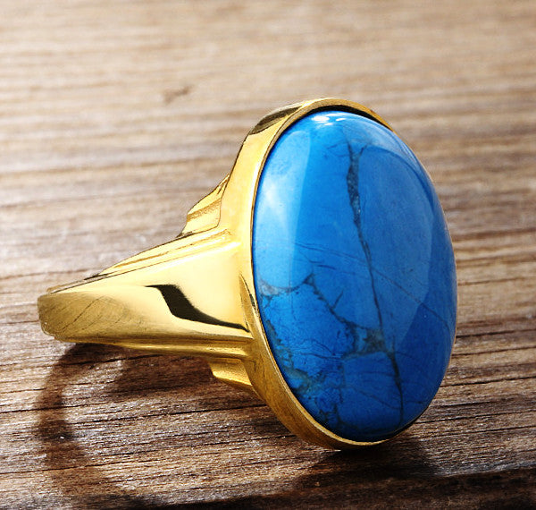 Men's Ring 10k Gold with Natural Blue Turquoise, Statement Ring for Men
