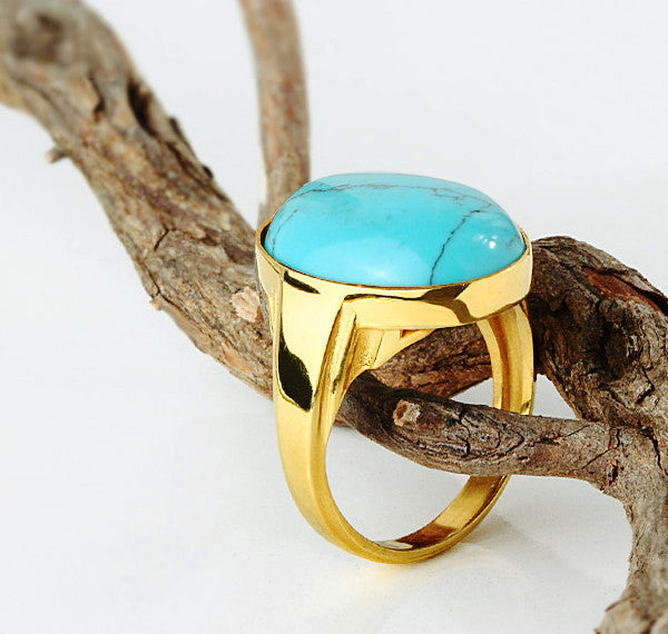 Blue Turquoise Men's Ring in 14k Yellow Gold, Natural Stone Ring for Men