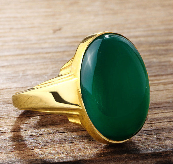 Men's Ring with Green Agate Natural Stone in 10k Yellow Gold, Artdeco Ring for Men