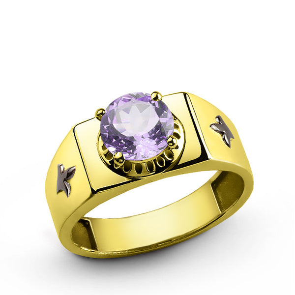 Men's Ring with Purple Amethyst Gemstone in 14k Yellow Gold