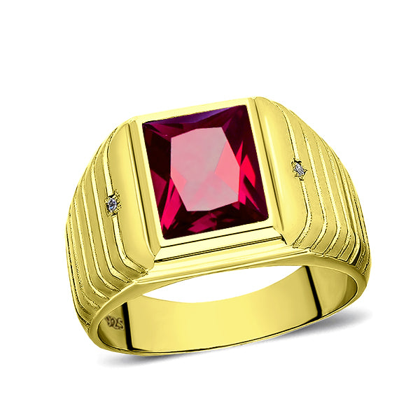 18K Gold Plated on 925 Solid Silver Mens Red Ruby Ring With 2 Diamond Accents