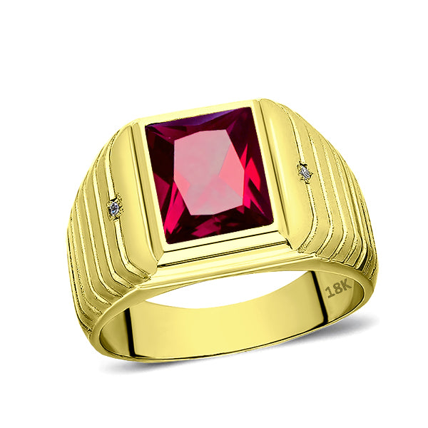 18K Real Yellow Fine Gold Red Ruby Mens Ring with 2 Natural Diamonds Accents