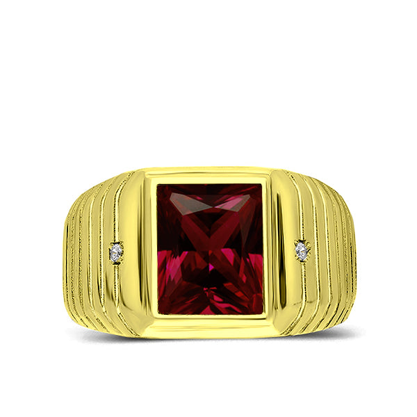 18K Gold Plated on 925 Solid Silver Mens Red Ruby Ring With 2 Diamond Accents