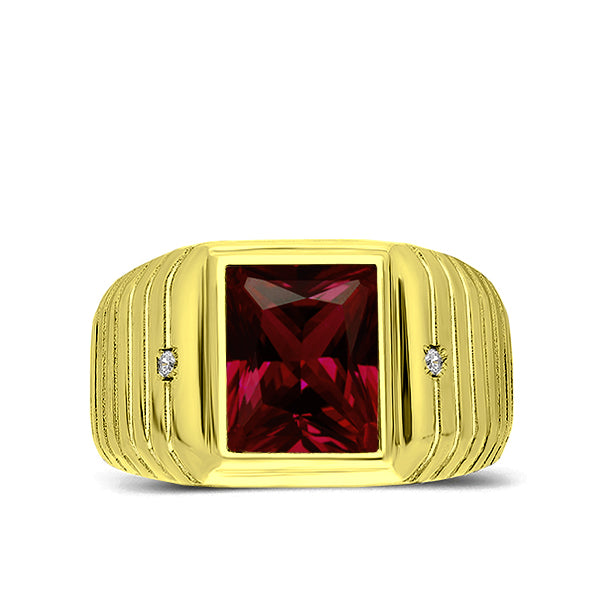 NEW Solid 10K Yellow Fine Gold Red Ruby Mens Ring with 0.04ct Natural Diamonds