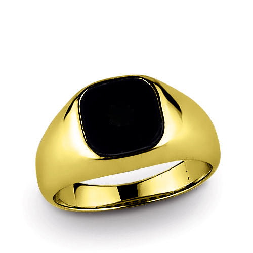14k Solid Yellow Gold Mens Classic Ring with Natural Black Onyx Gemstone