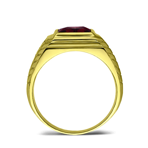 18K Gold Plated on 925 Solid Silver Mens Red Ruby Ring With 2 Diamond Accents