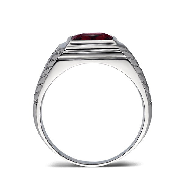Mens Solid 14K White Gold Red Ruby Ring 0.04ct Natural Diamonds Ring for Men