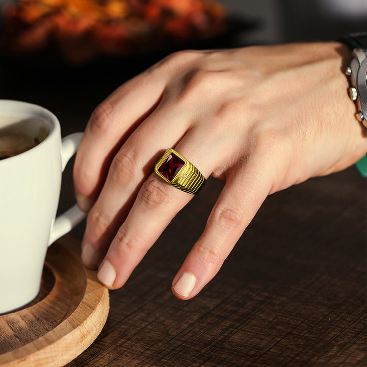 18K Gold Plated on 925 Solid Silver Mens Red Ruby Ring With 2 Diamond Accents