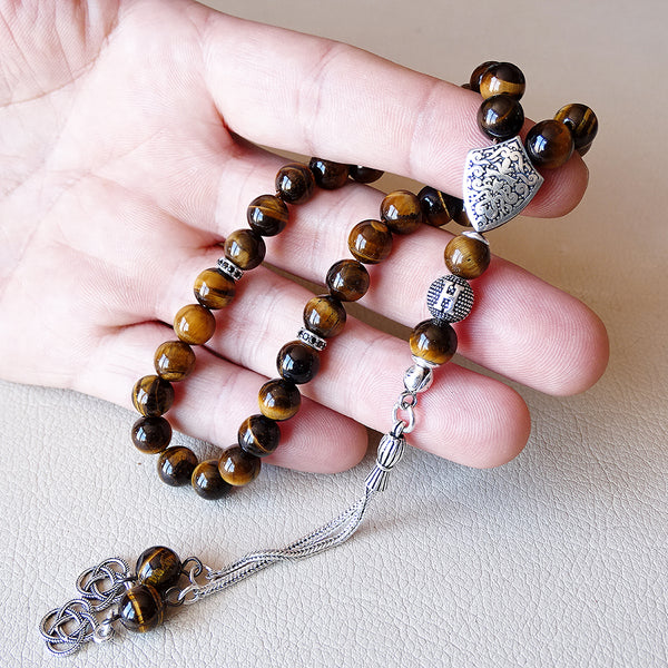 Tiger's Eye Personalized Tasbih 925 SILVER Natural Brown Gemstone Rosary Muslim Misbaha