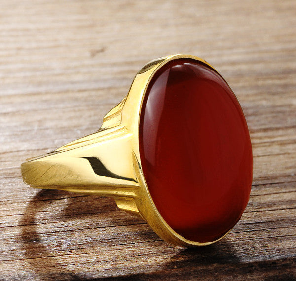 Men's Ring in 10k Yellow Gold with Natural Red Agate Stone, Statement Ring for Men