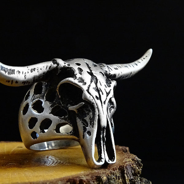 Big Bull Ring Solid Sterling Silver Oxidized Longhorn Heavy Skull