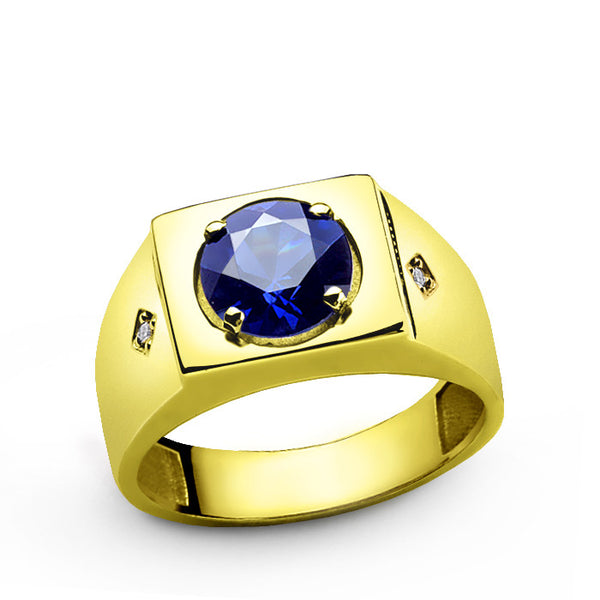 Men's Sapphire Ring in 10k Yellow Gold with Natural Diamonds