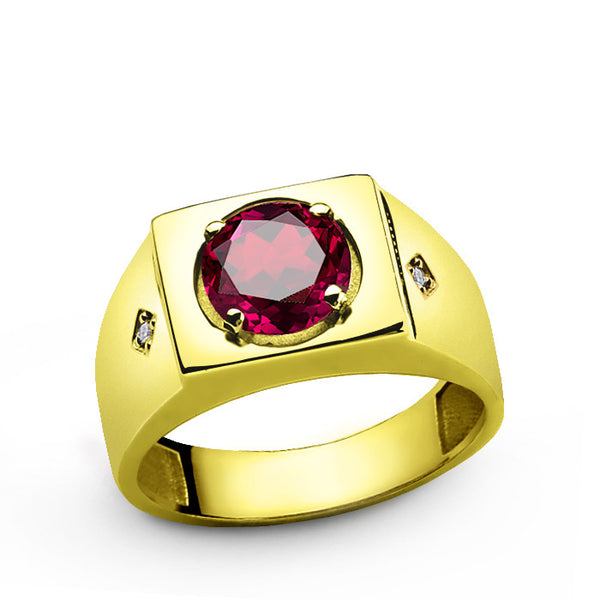 14k Yellow Gold Men's Ring with Red Ruby and Natural Diamonds