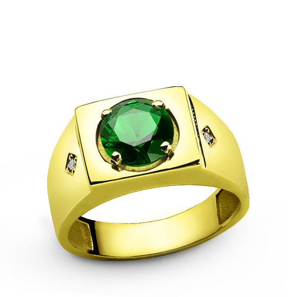 Green Emerald Ring for Men in 14k Yellow Gold with Genuine Diamonds