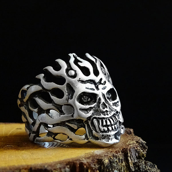 925 Sterling Silver Skull in Fire Mens Ring Biker Gothic Punk Ring Jewellery