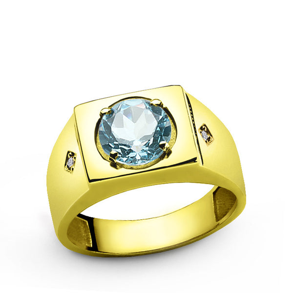 Men's Ring in 10k Yellow Gold with Blue Topaz and Genuine Diamonds