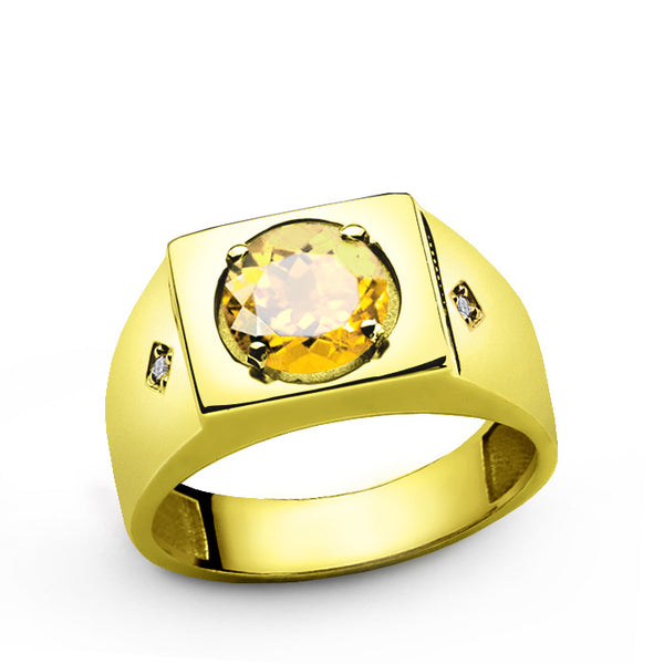 14k Yellow Gold Men's Diamonds Ring with Citrine Gemstone, Statement Ring for Men