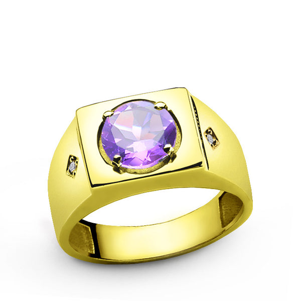 Diamonds Men's Ring in 10k Yellow Gold with Purple Amethyst Gemstone