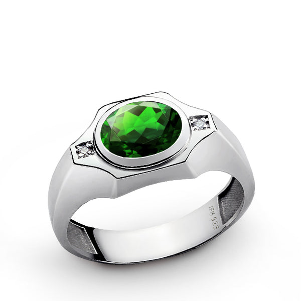 Oval Cut Gemstone Ring for Men with Diamonds in 925 Silver