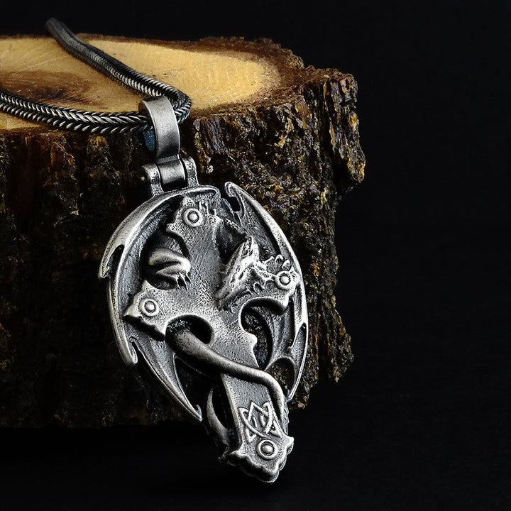 Gothic Dragon Men's Silver Cross Pendant Necklace with Wheat Link Chain