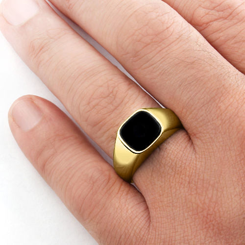 14k Solid Yellow Gold Mens Classic Ring with Natural Black Onyx Gemstone