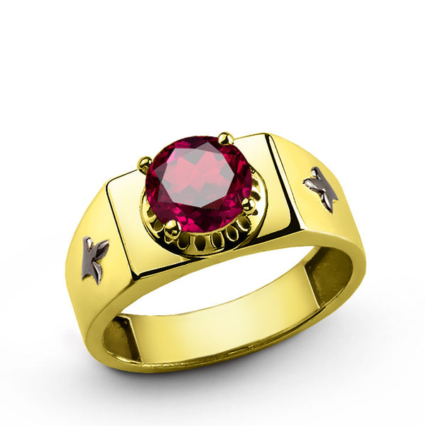 10k Yellow Solid Gold Men's Ring with Red Ruby Gemstone