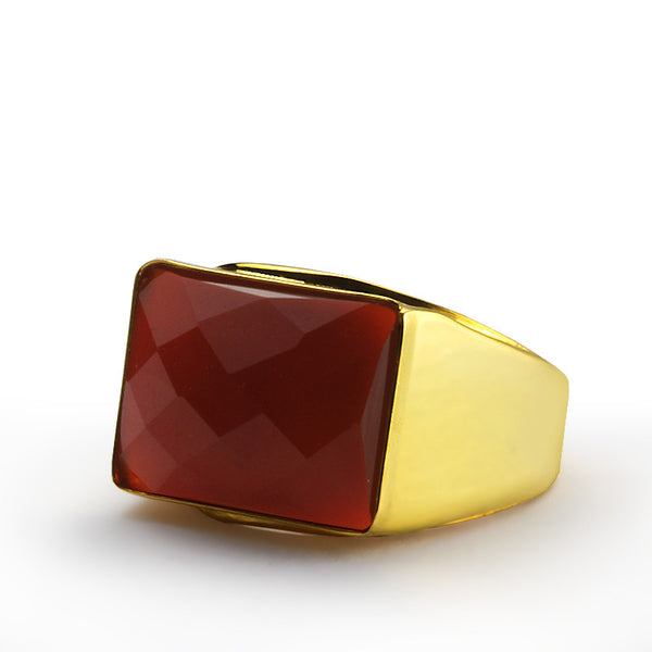 Men's Ring in 14k Yellow Gold with Natural Red Agate Gemstone