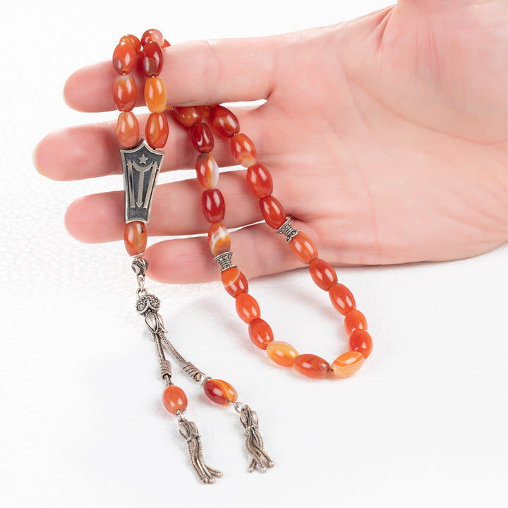 Red Tasbih 33 Prayer Beads Oval Carnelian with 925 Silver Rosary Gift for Man