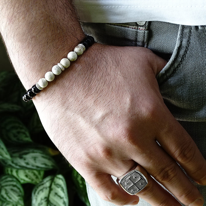 Onyx Men's String Bracelet Natural Round Black Beads with 925 Silver Charm