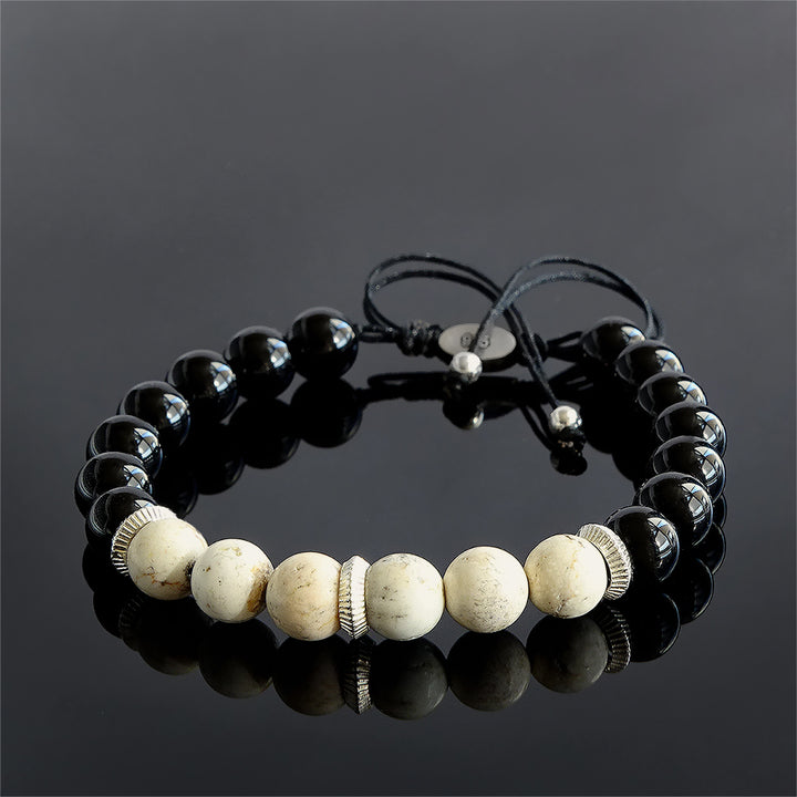 Onyx Men's String Bracelet Natural Round Black Beads with 925 Silver Charm