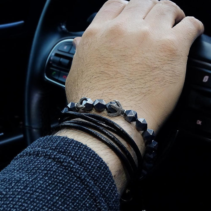 Men's Bracelet 8mm Titanium Hematite Nugget Beads with 925 Silver Dragon Claw Beads
