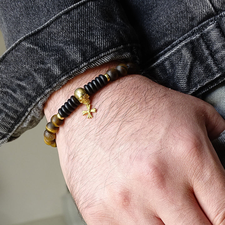 Men's Skull Bracelet Natural Tiger's Eye Stone with Gold Plated Silver Charm