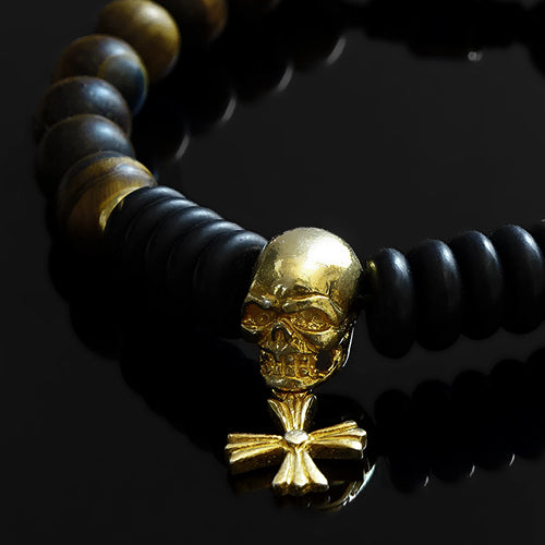 Men's Skull Bracelet Natural Tiger's Eye Stone with Gold Plated Silver Charm