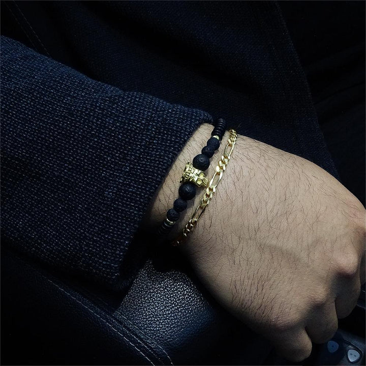 Matte Black Lava Stone Men's Bracelet with Gold Plated Silver King Crown Skull Head Bead
