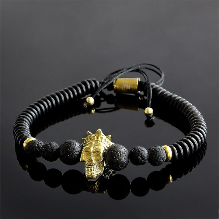 Matte Black Lava Stone Men's Bracelet with Gold Plated Silver King Crown Skull Head Bead