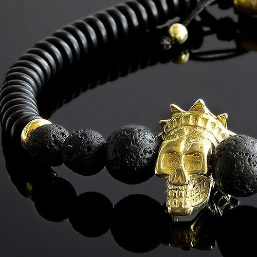 Matte Black Lava Stone Men's Bracelet with Gold Plated Silver King Crown Skull Head Bead