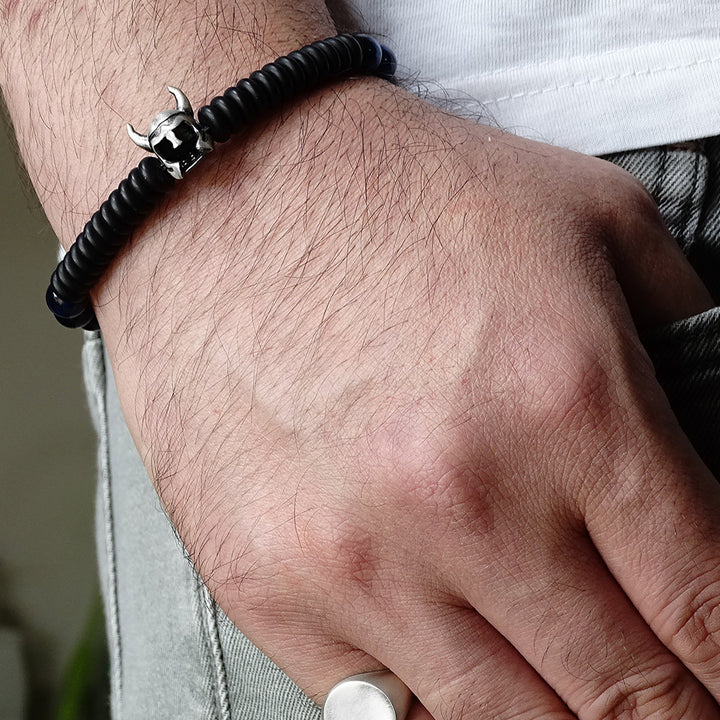 Handmade Bracelet for Man with Tiger's Eye Beads and 925 Silver Viking Helmet 