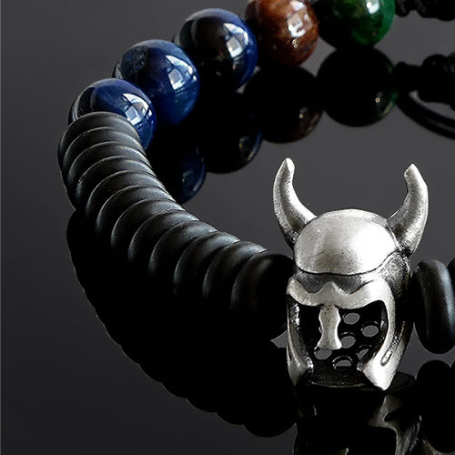 Handmade Bracelet for Man with Tiger's Eye Beads and 925 Silver Viking Helmet 