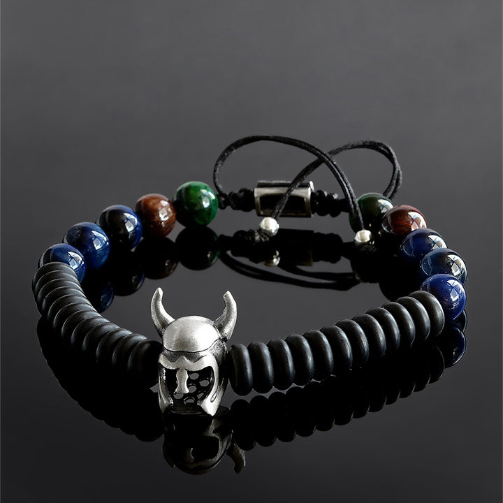 Handmade Bracelet for Man with Tiger's Eye Beads and 925 Silver Viking Helmet 