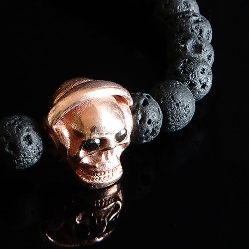 Black Lava Rock 6mm Beaded Mens Bracelet Set of 2 Silver Skull Minimal Stackable Bracelets