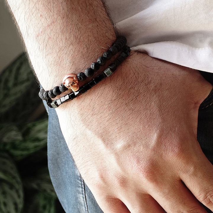 Black Lava Rock 6mm Beaded Mens Bracelet Set of 2 Silver Skull Minimal Stackable Bracelets