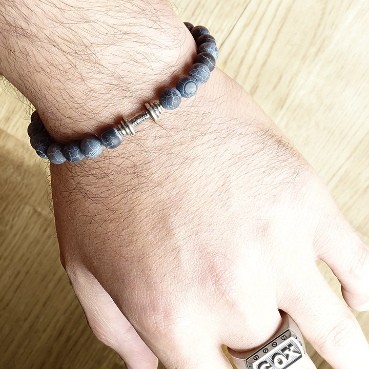 Matte Blue Agate with Genuine Silver Dumbbell Men's Bracelet Braided with Adjustable Cord