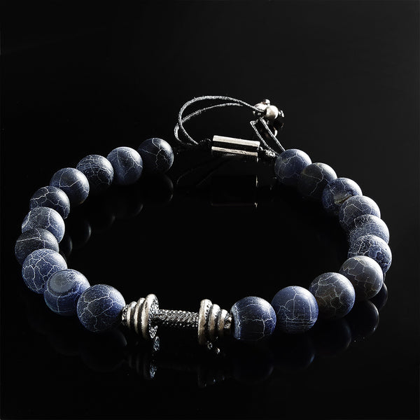 Matte Blue Agate with Genuine Silver Dumbbell Men's Bracelet Braided with Adjustable Cord