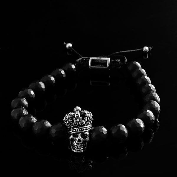 Crown Skull Men's Bracelet Matte Black Onyx with 925 Silver King Skull Charm