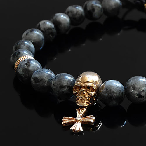 Skull Bracelet for Man 8mm Natural Labradorite Beads with Genuine Silver Charm