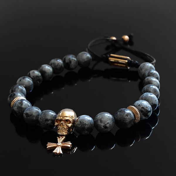 Skull Bracelet for Man 8mm Natural Labradorite Beads with Genuine Silver Charm