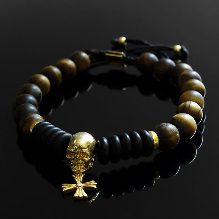 Men's Skull Bracelet Natural Tiger's Eye Stone with Gold Plated Silver Charm