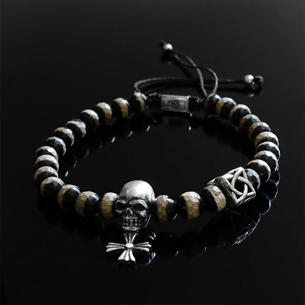 Skull Bracelet for Man Natural Black Onyx with 925 Silver Skull Charm